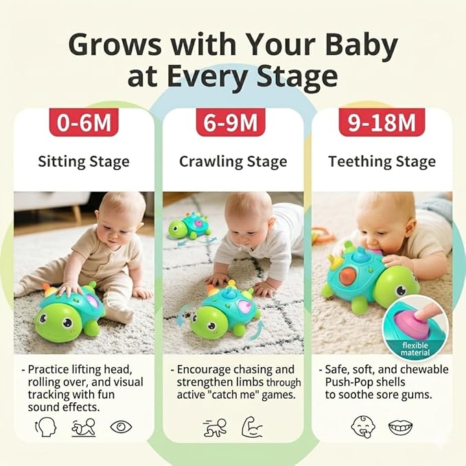 3-in-1 Musical Crawling Turtle Baby Toy - Tummy Time Toy with Smart Obstacle Avoidance, Push-and-Pop Sensory Shell & Sleep Soothing, Baby Infant Toys for 0-12 Months