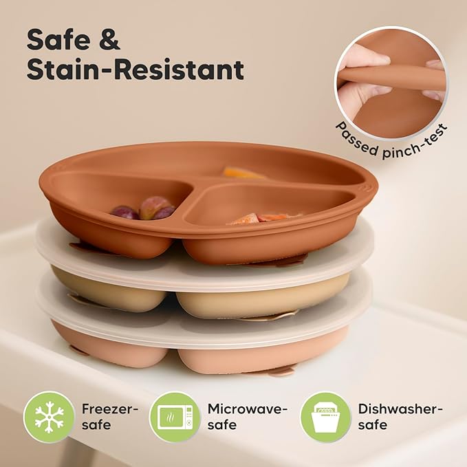KeaBabies Suction Plates with Lids for Baby - 3-Pack 100% Silicone Suction Plates for Baby, Kids,Toddler Plates,Divided Baby Plates with Suction,Lids, BPA-Free, Microwave, Dishwasher Safe (Terracotta)