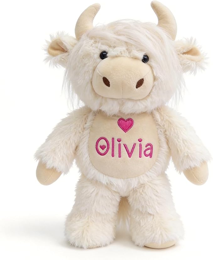 Personalized White Highland Cow Stuffed Animal - Custom Name Embroidered Plush Toy - Soft Cream Cow Nursery Decor, Baptism & Baby Shower Keepsake Gift for Boys Girls (10/13/16 Inch)