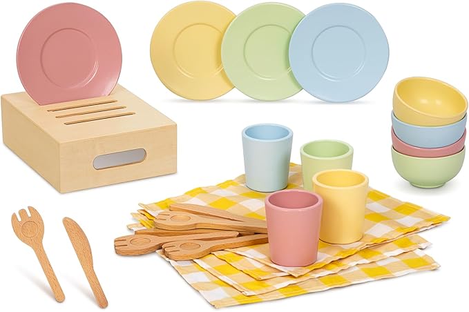 Wooden Play Dishes and Plates for Kids Kitchen Set, 25 PCS Wooden Play Kitchen Accessories, Pretend Montessori Kids Pots and Pans Playset for 3+ Toddlers