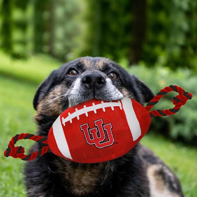 Pets First Utah Football Dog Toy, Tough Quality Nylon Materials, Strong Pull Ropes, Inner Squeaker, Collegiate Team Color