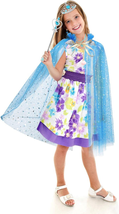 Fedio Princess Cape Set 7 Pieces Girls Princess Cloak with Tiara Crown, Wand for Little Girls Dress up (Blue)