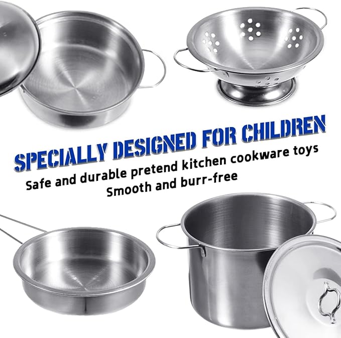 Cookware Pots and Pans Play Set with Cooking Mini Stainless-Steel Kitchen Cooking Utensils Toys,Pretend Toys for Kids, Educational＆Development Toy Kitchen Playset Accessories for Kids Ages 3+