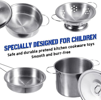 Cookware Pots and Pans Play Set with Cooking Mini Stainless-Steel Kitchen Cooking Utensils Toys,Pretend Toys for Kids, Educational＆Development Toy Kitchen Playset Accessories for Kids Ages 3+