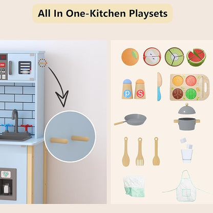 Play Kitchen for Kids, Wooden Kitchen Playset with Fruit Set, Light, Stove, Sink and Accessories, Interactive Toy Kitchen Gift for Boys Girls, Blue