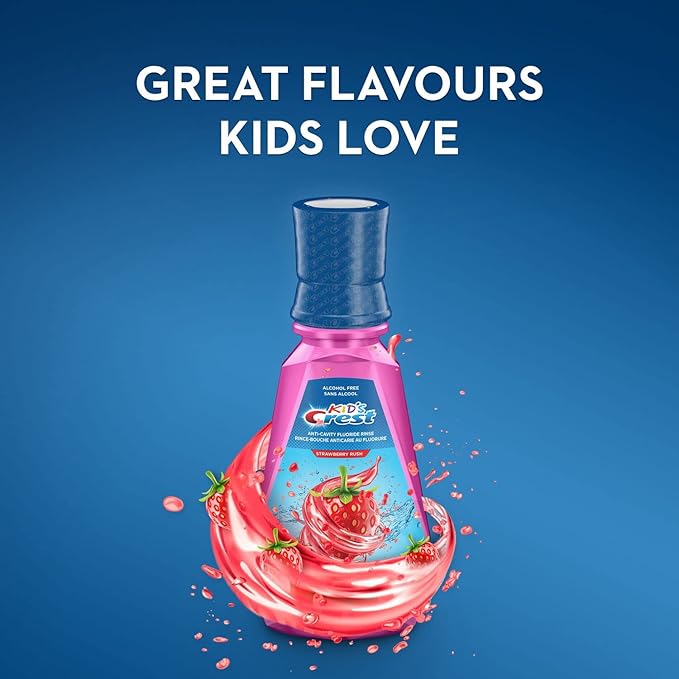 Crest Kid's Anti Cavity Fluoride Mouthwash, Alcohol Free, Strawberry Rush, 500 mL (16.9 fl oz), Pack of 4