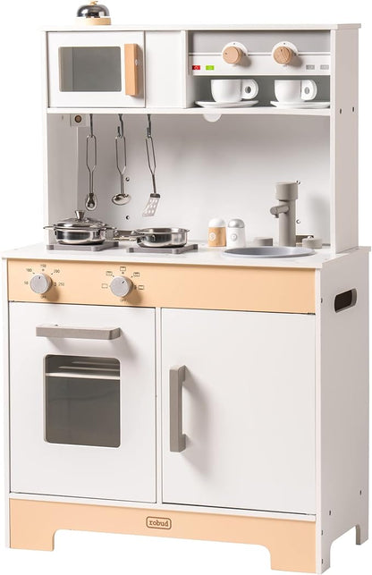 2 in 1 Play Kitchen for Kids Wooden Chef Pretend Play Kitchen Playset with Sounds Food Cookware Accessories Set for Boys Girl Birthday Gifts White