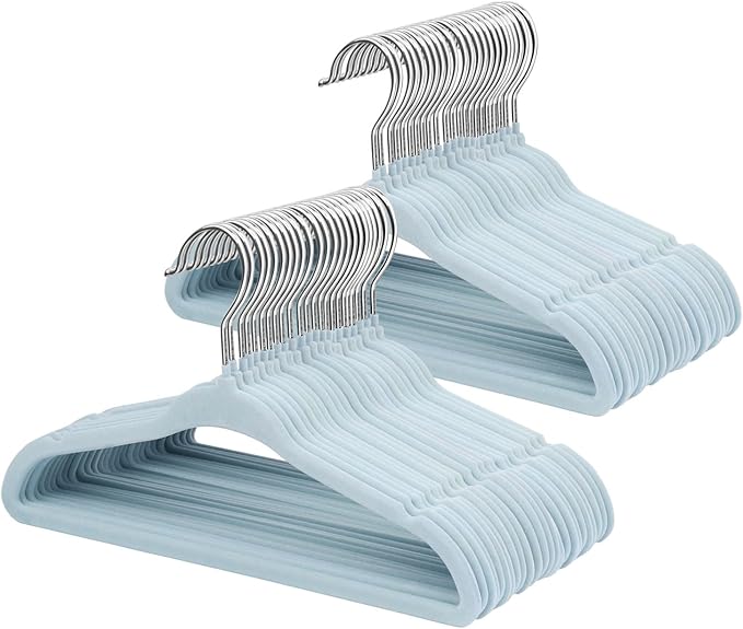 ManGotree 10.95" Baby Velvet Hangers, Non-Slip Infant Coat Hangers, Ultra-Thin Toddler Felt Hangers with 360° Swivel Hook, Space Saving Children's Hangers for Kids Clothes, 48 Pack (Blue)