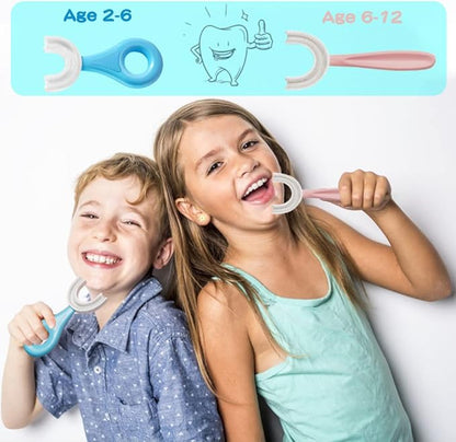 YOTEE U-Shaped Toothbrush Kids 2 PCS - Toddler Toothbrush with Food Grade Soft Silicone Brush Head, Manual Whole Mouth Toothbrush for Kids Age 2-6(Blue+Pink), 360° Oral Teeth Cleaning Design