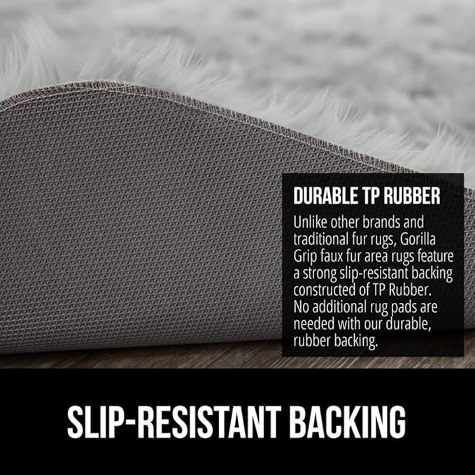 Gorilla Grip Fluffy Faux Fur Rug, 4x6, Machine Washable Soft Furry Area Rugs, Rubber Backing, Plush Floor Carpets for Baby Nursery, Bedroom, Living Room Shag Carpet, Luxury Home Decor, Light Gray