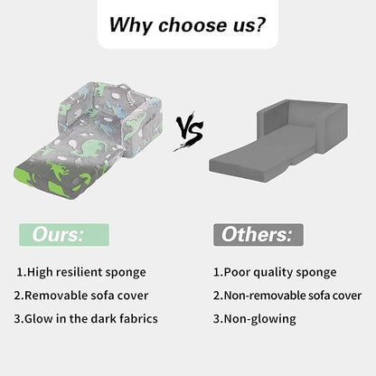 Tiita Kids Sofa, 2-in-1 Kids Sofa Chair, Convertible Toddler Couch to Lounger, Flip Out Baby Sofa Chair, Toddler Armrest Chair Bed, Folding Kids Play Sofa for Girl or Boy(Dark Grey Dinosaur)