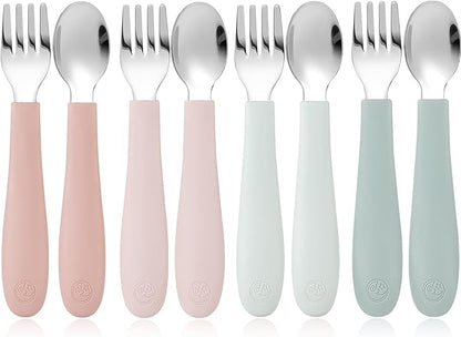 CoixFoam 8 Pieces Toddler Utensils, Toddler Safe Silverware Set With Food Grade Silicone Hanlde, 18/8 Stainless Steel, Perfect Length For New Self Feeders, Dishwasher Safe