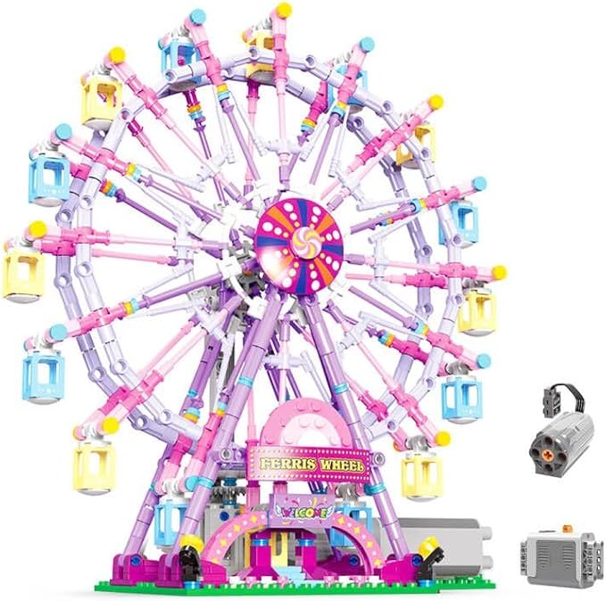 Rotating Ferris Wheel Building Blocks Kit,with Lights Amusement Park Building Construction Toys Set for 6+ Year Boys.Girls.Adult(870 Pieces) Pink