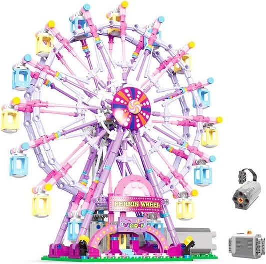 Rotating Ferris Wheel Building Blocks Kit,with Lights Amusement Park Building Construction Toys Set for 6+ Year Boys.Girls.Adult(870 Pieces) Pink