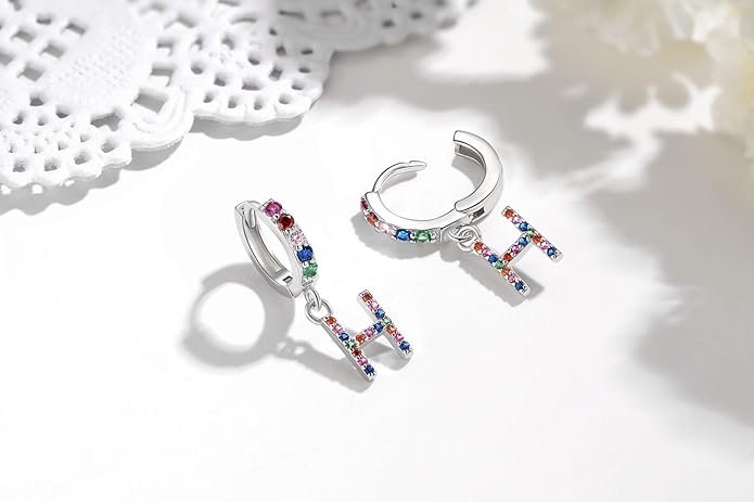 Presentski Initial Earrings 925 Sterling Silver Colorful Huggie Small Hoop Earrings Rainbow CZ Drop Dangle Simple Alphabet Earrings S925 Hypoallergenic Earring Letter A-Z for Daughter Women