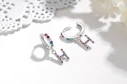 Presentski Initial Earrings 925 Sterling Silver Colorful Huggie Small Hoop Earrings Rainbow CZ Drop Dangle Simple Alphabet Earrings S925 Hypoallergenic Earring Letter A-Z for Daughter Women