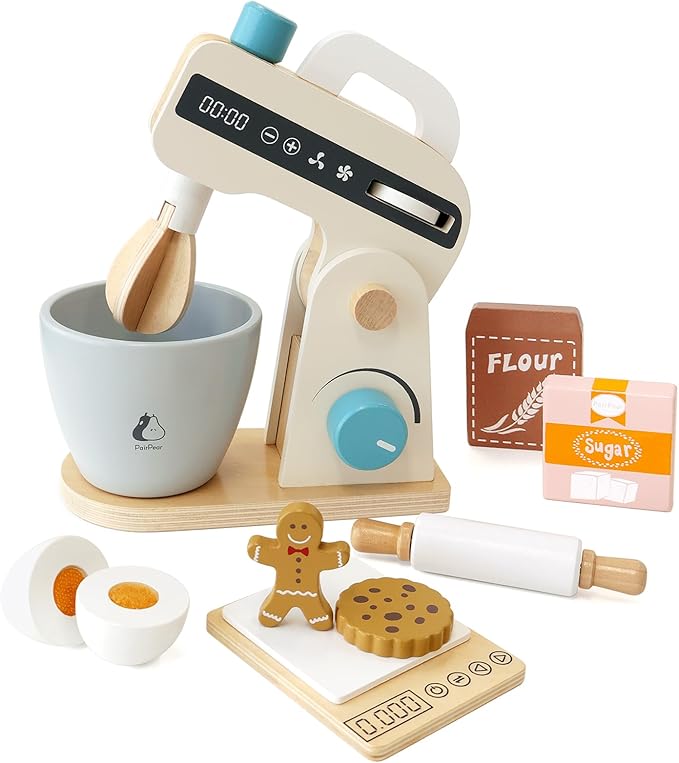 PairPear Play Food Stand Mixer, Wooden Toys Bake Cookies Playset, Multi-Function Play Kitchen Accessories for Kids Ages 3+