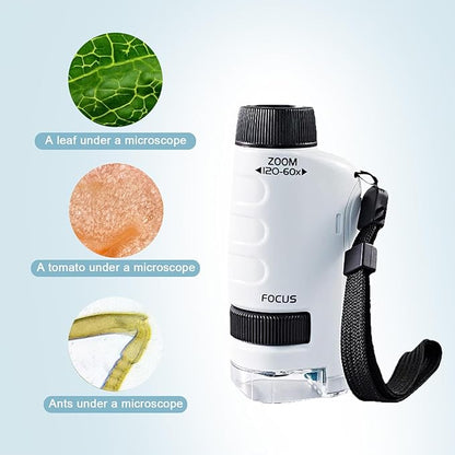 Mini Microscope for Kids,Mini Microscope 60x-120x,LED Pocket Microscope,Portable Handheld Education Science Experiment Set Toys(White)