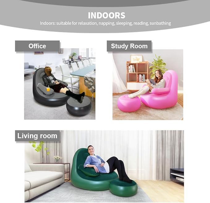 Set of 3 Inflatable Armrest Lounge Chair with Ottoman,Hand Pump,Eye Mask,Earplugs-Portable Blow Up Sofa, Air Chaise Lounge, Ideal Lazy Couch Set for Family Movie Night,Gaming,Party,Camping,Garden……