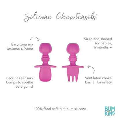 Bumkins Baby Utensils Set, Chewtensils Silicone Spoons for Dipping, Self-Feeding, Baby Led Weaning, Trainer Learning, First Stage Eating, Soft Practice Fork and Spoon, Babies 6 Months, Fuchsia