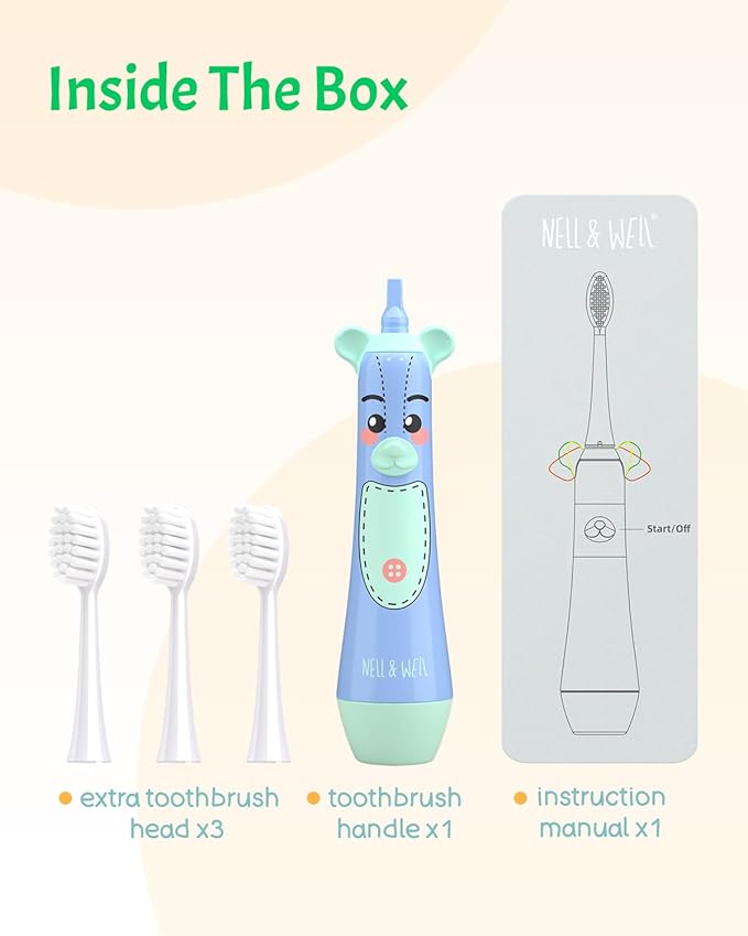 NELL&WELL Kids Electric Toothbrush, 2-Min Timer, 3 Modes with Memory, IPX 7 Waterproof, Battery Powered Kids Toothbrush with 3 Soft Bristles Heads for Children Boys and Girls Ages 3+