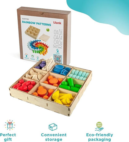 Ulanik Mandala Rainbow Patterns Toddler Montessori Toys for 3 Year Old + Wooden Building Set Matching Game for Learning Color Sorting & Counting — 80 Figurines