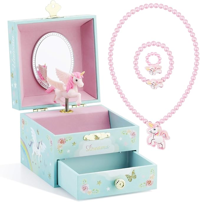 RR ROUND RICH DESIGN Kids Musical Jewelry Box for Girls with Drawer and Jewelry Set with Magical Unicorn - Blue Danube Tune Blue