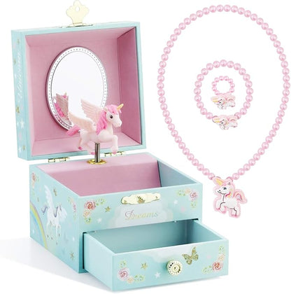 RR ROUND RICH DESIGN Kids Musical Jewelry Box for Girls with Drawer and Jewelry Set with Magical Unicorn - Blue Danube Tune Blue