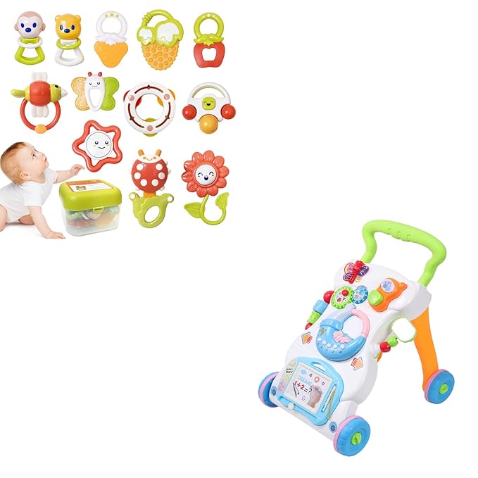 Cuterabit 2 in 1 Sit to Stand Baby Walker with Music and Light, 12PCS Baby Rattles Toys Set with Storage Case, Teething Toys for Newborns