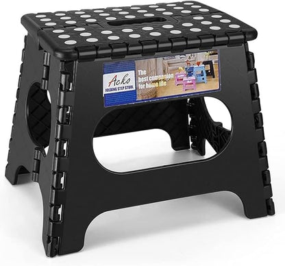 ACKO Folding Step Stool Foldable Step Stools for Kids and Adults 11 Inch Foot Stool Black Plastic Step Stool with Portable Handle Small Stool Hold up to 300lbs for Bathroom,Bedroom, Kitchen 1PC