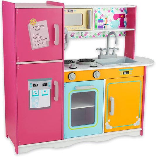 Kitchen Playset for Kids Ages 3-8, Wooden Pretend Play Kitchen, Including Telephone, Ice Maker, Refrigerator, Dimensions: 35” H x 31” W x 12” D (Colorful)