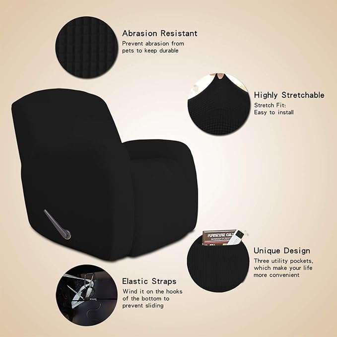 Easy-Going Oversized Recliner Stretch Sofa Slipcover Sofa Cover 1 Piece Furniture Protector Couch Soft with Elastic Bottom Kids,Polyester Spandex Jacquard Fabric Small Checks(Oversize Recliner,Black)