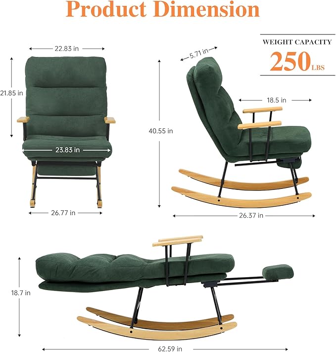 Rocking Chair with Footrest-Glider Rocker Chair with Retractable Footrest and Adjustable Backrest, Teddy Upholstered Rocking Chair, Modern Accent Chair for Living Room/Nursery/Bedroom/Outdoor-Green