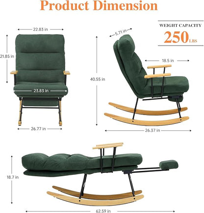 Rocking Chair with Footrest-Glider Rocker Chair with Retractable Footrest and Adjustable Backrest, Teddy Upholstered Rocking Chair, Modern Accent Chair for Living Room/Nursery/Bedroom/Outdoor-Green