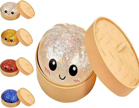 Glitter Dumpling Squishy, 2026 New Bun Squeeze Stress Relief Ball with Steamer Box for Stress Relief, More Surprises (White)