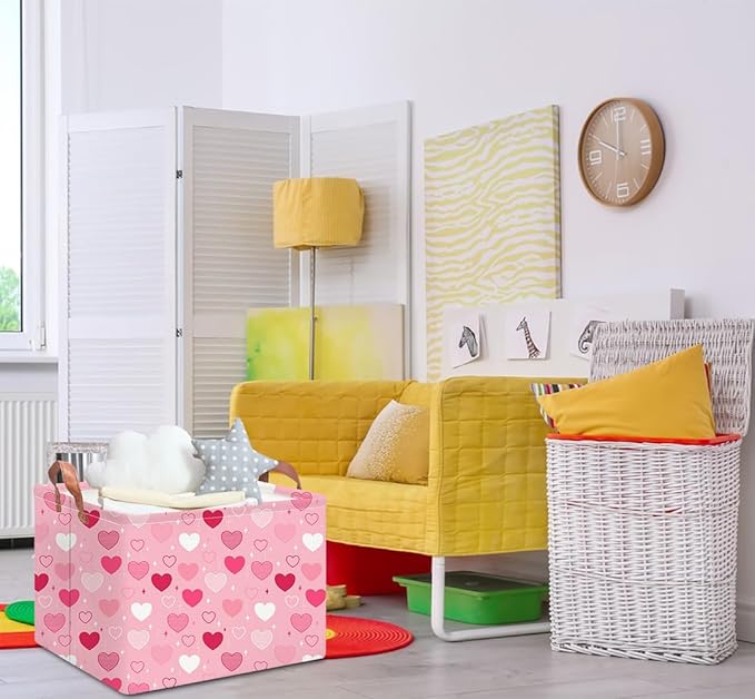 NTAOHAMPER Rectangular Storage Basket Empty,Collapsible Gift Basket with Handles,Heart Print Basket, Books Box,Room Decor(Love You Heart)