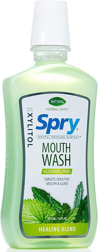 Spry Xylitol Mouthwash Fluoride Free with Enamel Support, Gentle, Natural Healing Herbal Mint - 16 fl oz (Pack of 3)