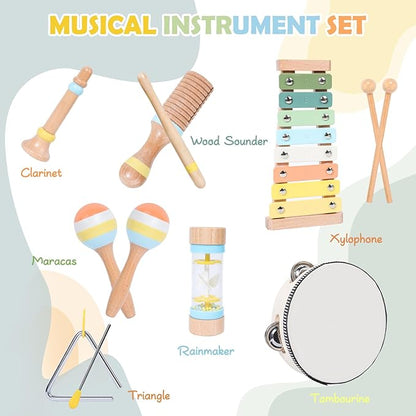 Wooden Montessori Musical Instruments Set for Toddlers 1-3, Preschool Educational Music Toys for Boys Girls, Percussion Instruments Toy with Storage Bag