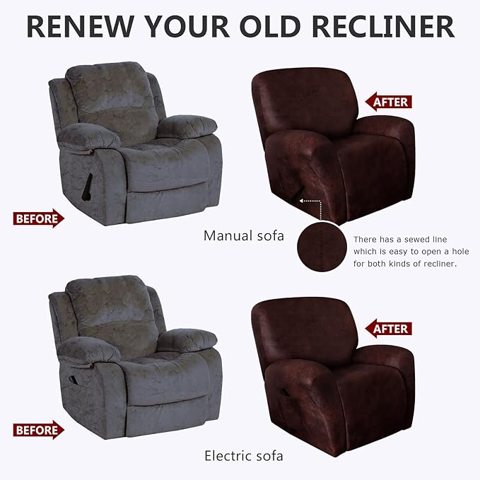 molasofa Recliner Chair Covers - 4 Pieces Leather Like Large Recliner Chair Covers with Pocket Waterproof Non Slip Stretch Recliner Slipcover for Lazy Boy Recliner Chair Washable (Red)