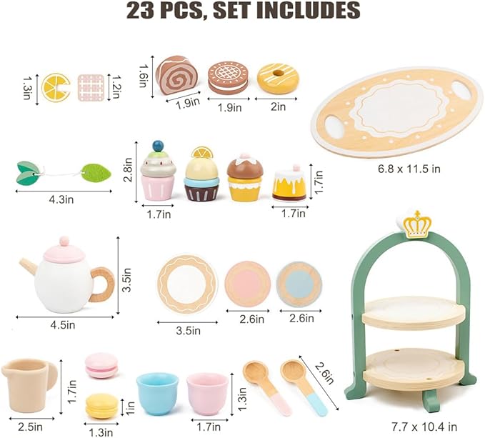 Wooden Tea Party Set for Little Girls Kids with Cupcake Stand & Dessert Food Pretend Play Afternoon Tea Toys Wood Kitchen Toy for 3 4 5 6 Year Old Toddlers Boys Birthday Gift