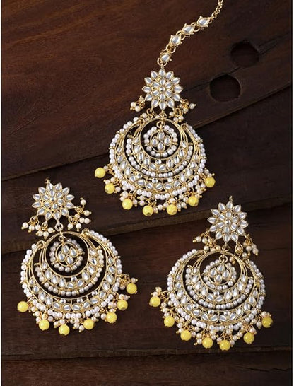 Aheli Bollywood Ethnic Chandbali Style Big Earrings Maang Tikka Set Traditional Fashion Jewelry Gift for Women