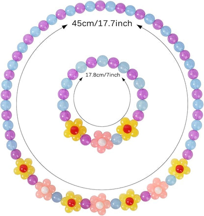 Girls Jewelry Set - Cute Flower Beads Necklace Bracelet-Toddler Girls Flower Jewelry - Stretchy Chunky Costume Jewelry Present Toy-Yellow