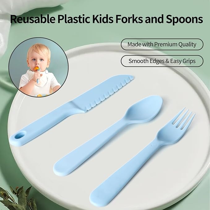 16Pcs Kids Plastic Utensils Kids Forks and Spoons Set, Multicolor Toddler Utensils, Reusable Kids Silverware Cutlery Set, Ideal for School Lunch Box, Camping, Travel, Party Favors BPA Free