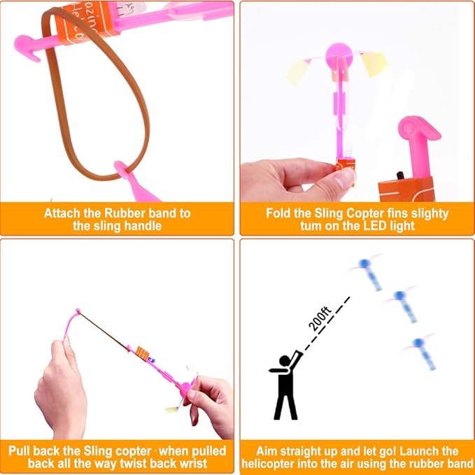 64 PCS Glow Flying Toys Sets(32 Slingshot+32 LED copters) Birthday Gifts Party Favors Glow in The Dark Party Supplies Summer Outdoor Game for Kids