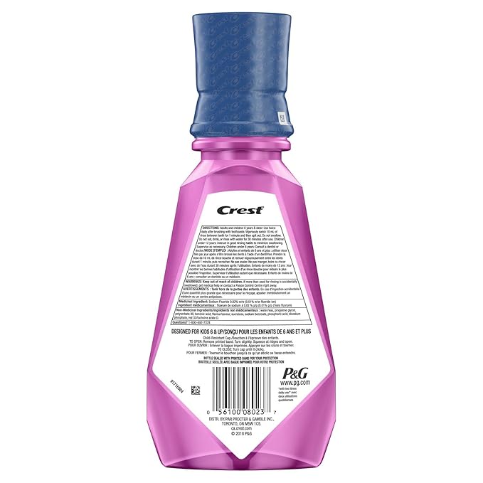 Crest Kid's Anti Cavity Fluoride Mouthwash, Alcohol Free, Strawberry Rush, 500 mL (16.9 fl oz), Pack of 4