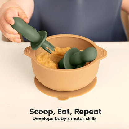 KeaBabies 4-Pack Silicone Baby Spoons and Forks Set - Baby Spoon Self Feeding, BLW Baby Utensils 6-12 Months, Baby Led Weaning Feeding Spoon, Teething Infant Baby First Food Training Pre Spoon(Slate)