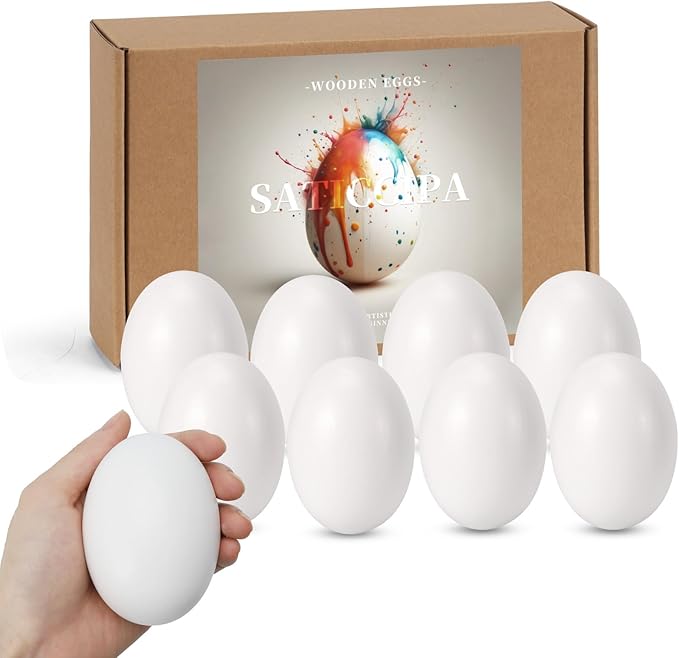 Large White Wooden Eggs,3.1x2.3 inches 8 Count Wooden Eggs in Carton for Painting, Crafts, and Dyeing, Food Toys for Kitchen Play and Room Decor