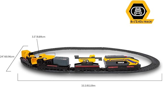 CAT Construction Toys, Little Machines Power Tracks Battery Operated Train Set, Engine with Working Headlight, 3 Rail Cars, Working Crane, 2 Magnetic Cargo Containers, and 2 CAT Trucks for Kids