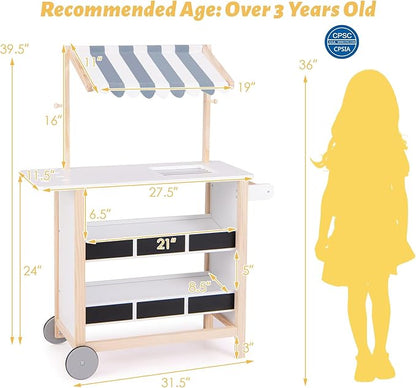 Fireflowery Kids Grocery Store Pretend Play, Wooden Ice Cream Cart w/ 6 Pieces Play Food, Bell, Scale, Toy Grocery Store Playset, Play Store for Kids, Toddlers, Boys, Girls Age 3+ (White Canopy)