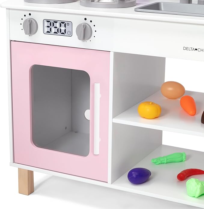 Delta Children Tiny Chef Play Kitchen - Toy Kitchen Playset with Realistic Knobs That Turn/Click, Oven, Sink, Microwave and 15 Pieces of Play Food, Pink